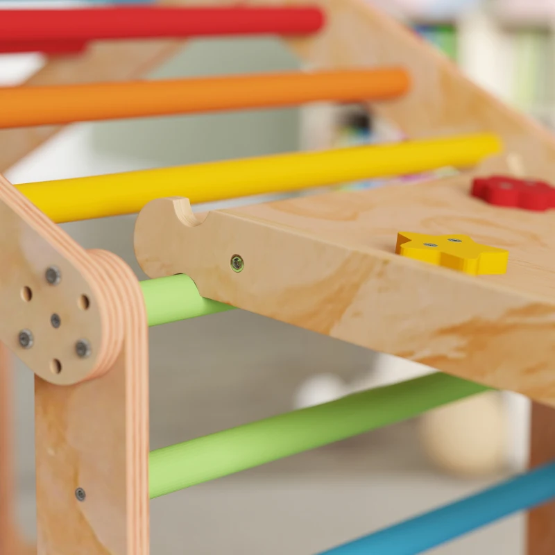 AIYAPLAY Triangolo da arrampicata per bambini con rampa reversibile, scivolo, dondolo e struttura da arrampicata, Legno naturale