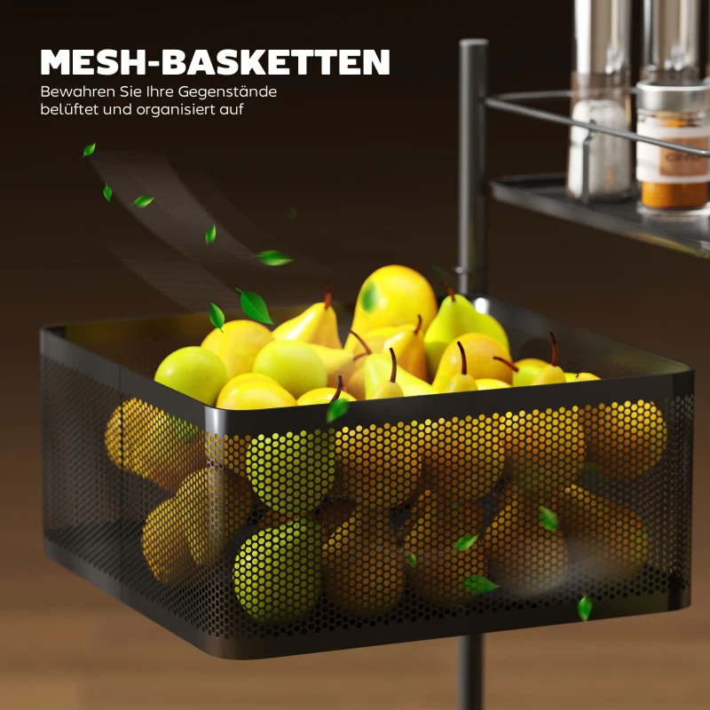 HOMCOM keukenwagen, 5 draaibare manden, 4 zwenkwielen, metalen frame, zwart