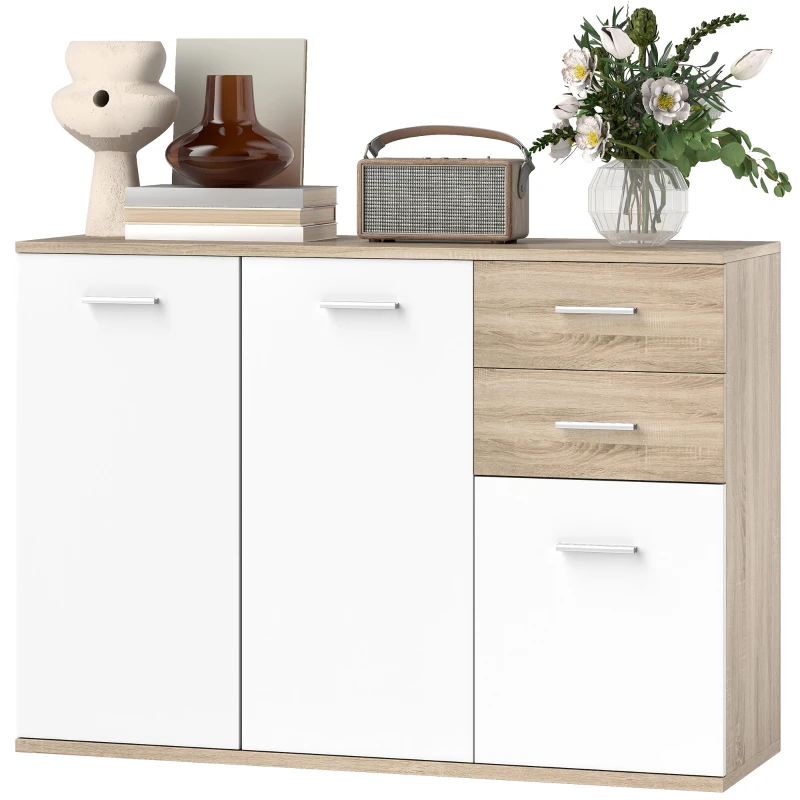 HOMCOM Sideboard Wohnzimmer, Aufbewahrungsmöbel mit 2 Schubladen, 3 Türen und höhenverstellbarem Einlegeboden, 106 x 35 x 76 cm, weiß und Naturholz