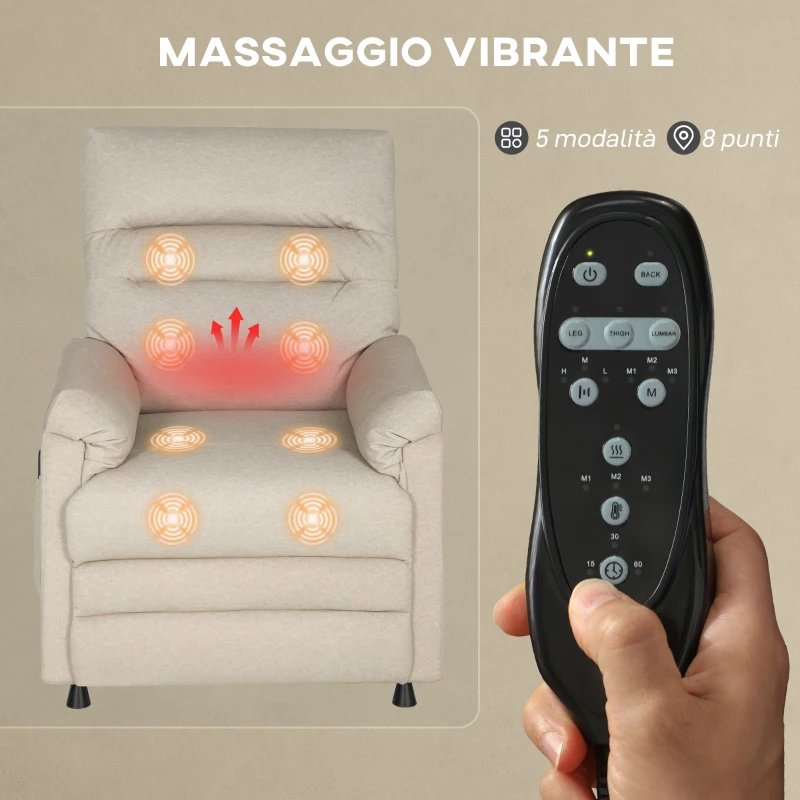 HOMCOM Poltrona Reclinabile con Poggiapiedi, Riscaldamento, 8 Punti Massaggio e 5 Modalità, Tessuto Vellutato, Beige