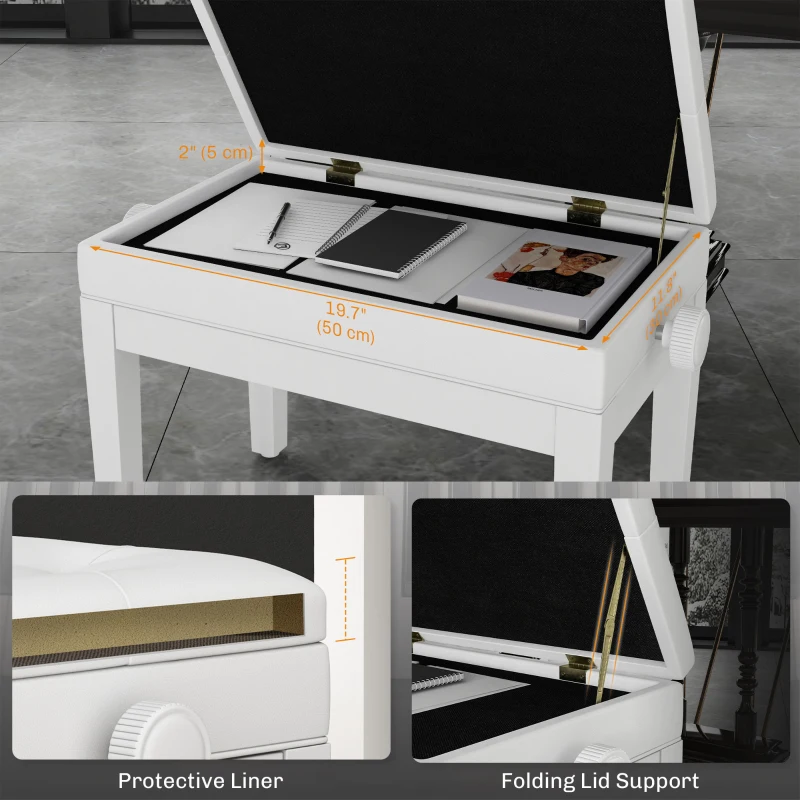 Scaun de Pian HOMCOM Reglabil cu Compartiment de Depozitare și Scaun Imbunătățit, 54.5x33x48-58 cm, Alb