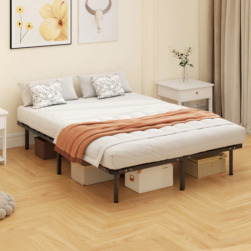 HOMCOM Cadre de lit 140 x 190 cm, lit 2 personnes en bois massif avec sommier à lattes et pied, rangement au-dessous, noir