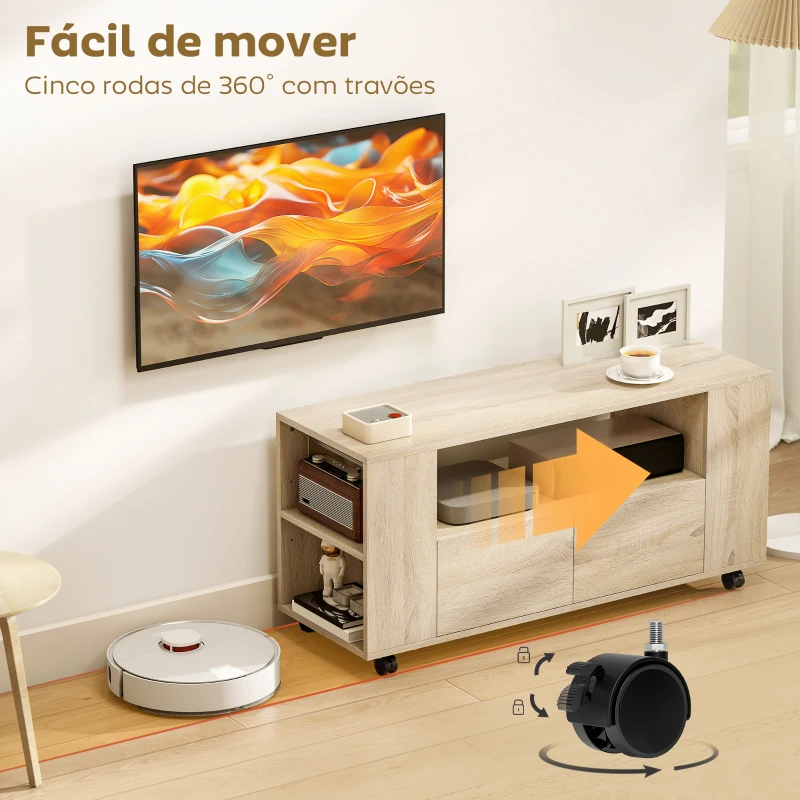HOMCOM Móvel de TV com Rodas para Televisão até 42 Polegadas com 2 Gavetas Prateleiras Ajustáveis 102x34,5x48,5 cm Madeira
