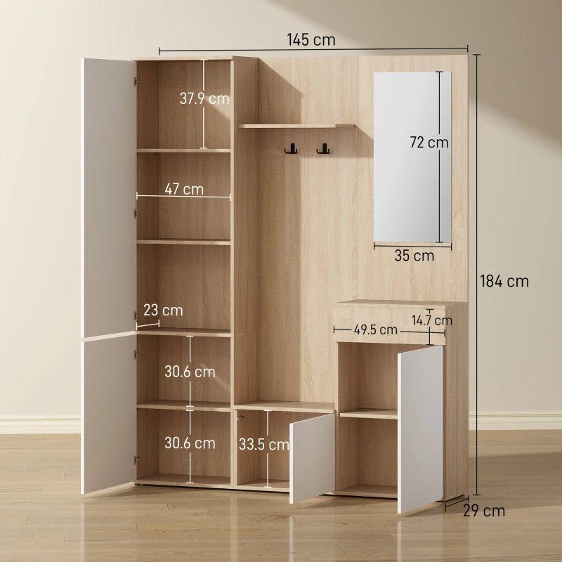 HOMCOM Mobile da Ingresso 4 in 1 in Truciolato con Specchio, Ganci e Ripiani Regolabili Interni, 145x29x184 cm