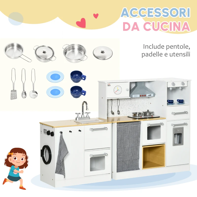 HOMCOM Cucina Giocattolo 2 Pezzi per Bambini 3-6 Anni con Utensili da Cucina, Luci ed Effetti Sonori, in MDF e PP
