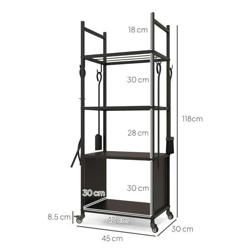 Outsunny Leñero de 4 Niveles Soporte para Leña con Ruedas Pala Atizador Cepillo Tenazas para Interior Exterior 45x30x118 cm Negro