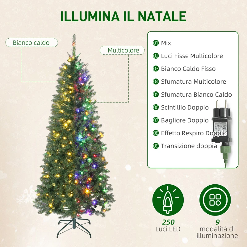HOMCOM Albero di Natale 180 cm Illuminato con 250 Luci Bianche e Colorate, 899 Rami e 9 Modalità di Illuminazione