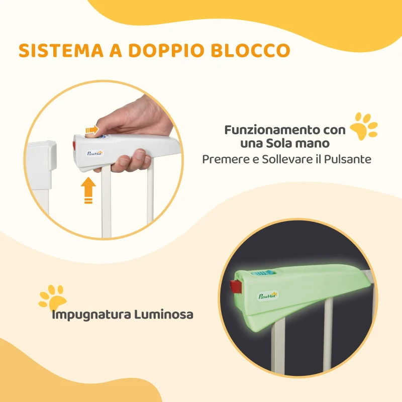 PawHut Cancelletto per Cani Taglia Piccola e Media con Doppia Serratura e Chiusura Automatica, 76-103x4.2x77 cm, Bianco