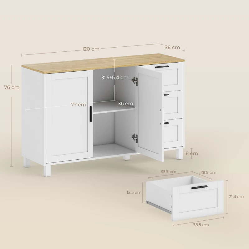 HOMCOM Aparador para Salón Moderno con 2 Puertas 3 Cajones Estante Ajustable para Comedor Entrada 120x38x76 cm Blanco