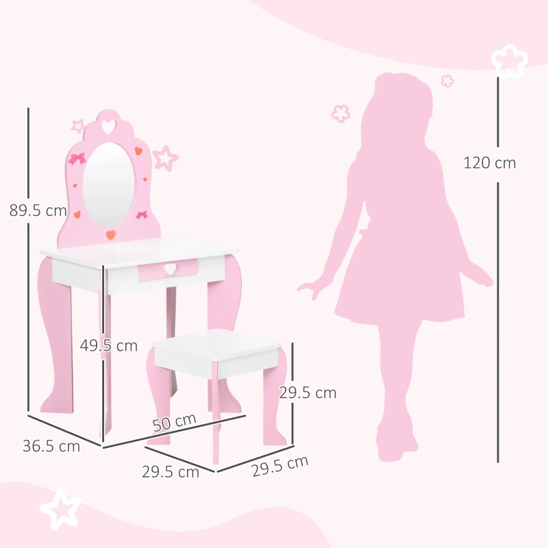 ZONEKIZ Kids Dressing table Set w/ Mirror, Stool, Drawer, Cute Patterns, for Ages 3-6 Years - Pink