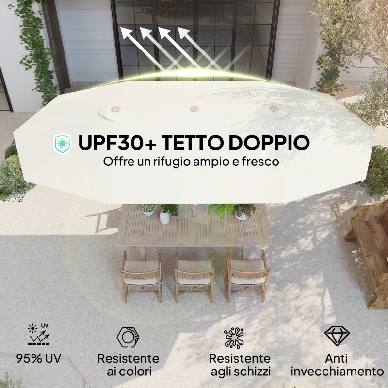 Outsunny Ombrellone Doppio con Apertura a Manovella, in Acciaio Inox e Poliestere, 455x265x238 cm, Beige