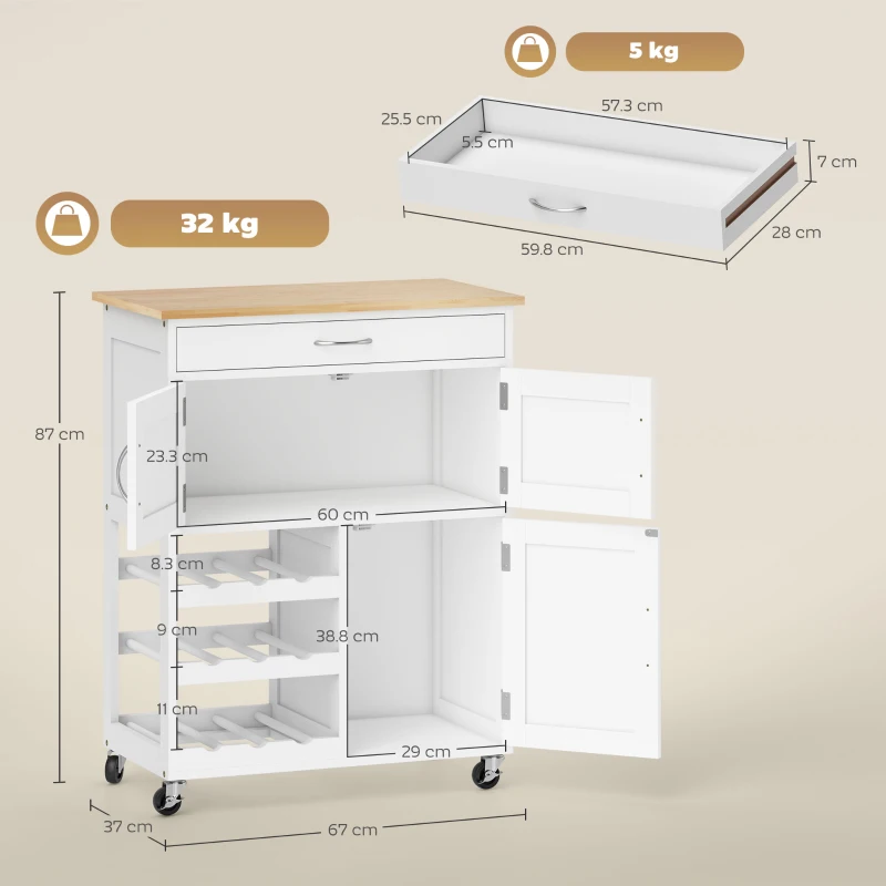 HOMCOM Carrello Cucina con Portabottiglie, 3 Ante, 4 Ruote e Cassetto, Mobiletto Cucina Salvaspazio per Microonde e Spezie in Legno, 67x37x87 cm, Bianco e Rovere