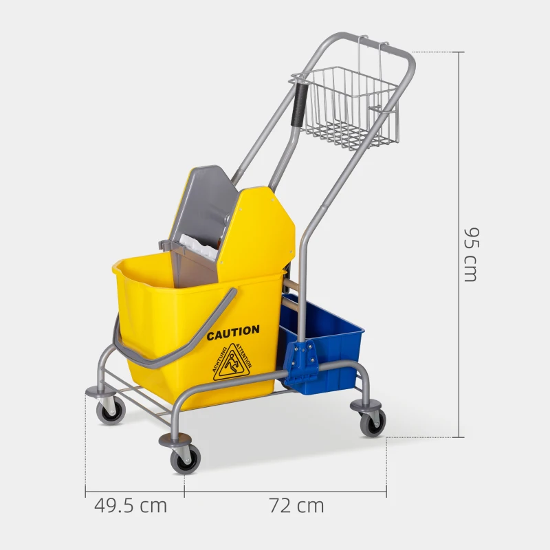HOMCOM Carrello Pulizie con Strizzatore, Secchio 25L e Ripiano in Plastica, in PP e Metallo, 72x49.5x95 cm, Blu e Giallo