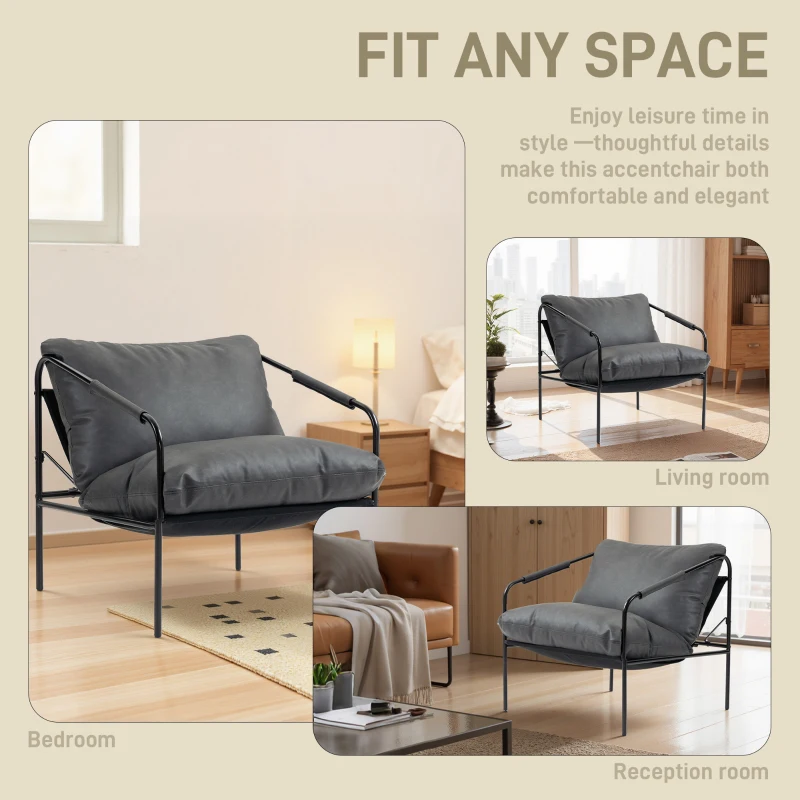 HOMCOM Poltrona da Salotto in Pelle PU e Telaio in Metallo con Cuscini Spessi, 74.5x75x77 cm, Grigio Carbone