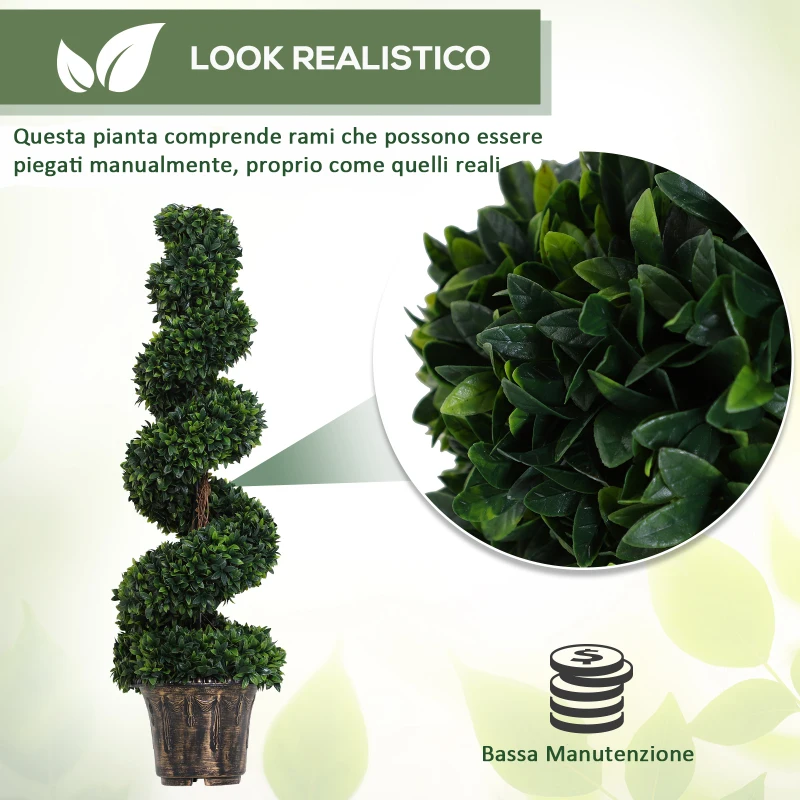 Outsunny Set 2 Piante Artificiali di Bosso a Spirale per Interni ed Esterni con Vaso, Ø32x120 cm, Verde