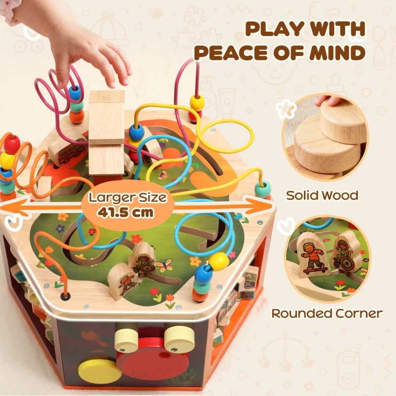 AIYAPLAY 8 in 1 Wooden Activity Cube with Bead Maze, Shape Sorter, for Kids Boys Girls 18+ Months