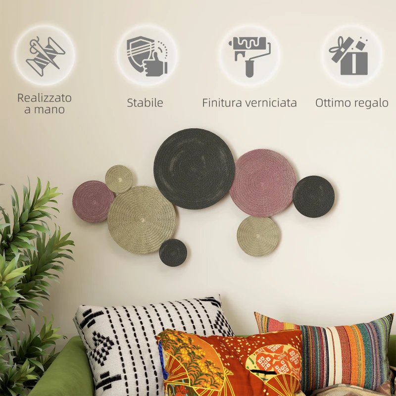 HOMCOM Wall Art a 8 Dischi 3D in Metallo, 110x7x58 cm, color Bronzo, Arancione e Giallo