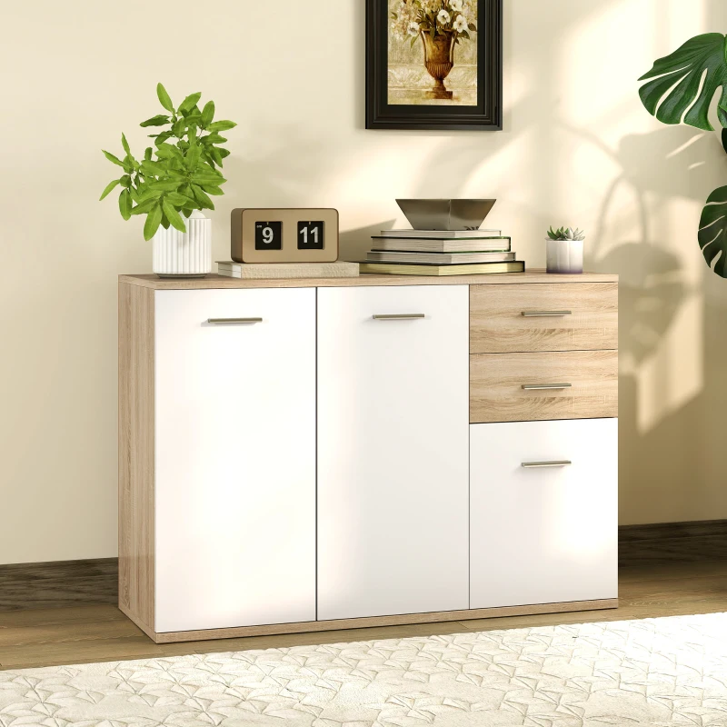HOMCOM Sideboard Wohnzimmer, Aufbewahrungsmöbel mit 2 Schubladen, 3 Türen und höhenverstellbarem Einlegeboden, 106 x 35 x 76 cm, weiß und Naturholz