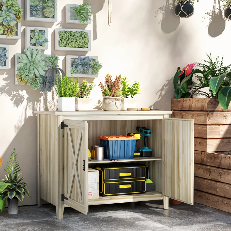 Outsunny Holz-Gartenschrank, Gartenschrank mit Regalen und Doppeltüren, 110 x 60 x 88,5 cm, Naturholz