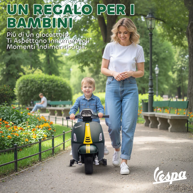 AIYAPLAY Moto Elettrica per Bambini con Licenza Vespa, Batteria Ricaricabile 6V, Rotelle e Luci, Età 2-6 Anni, Verde Scuro