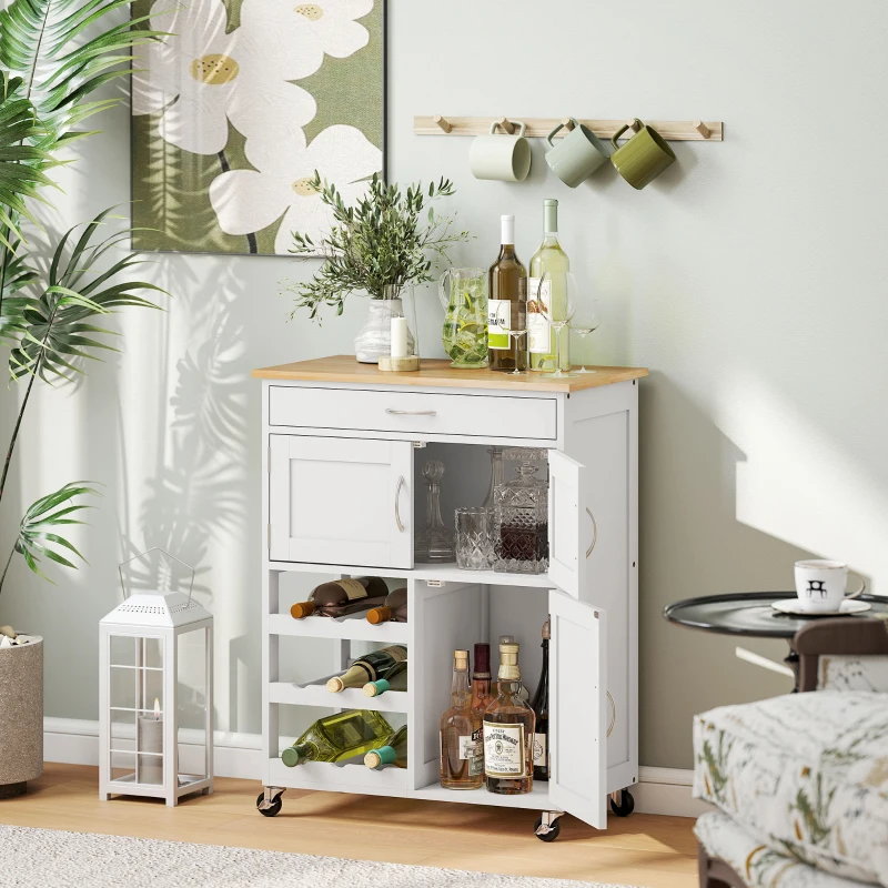 HOMCOM Carrello Cucina con Portabottiglie, 3 Ante, 4 Ruote e Cassetto, Mobiletto Cucina Salvaspazio per Microonde e Spezie in Legno, 67x37x87 cm, Bianco e Rovere
