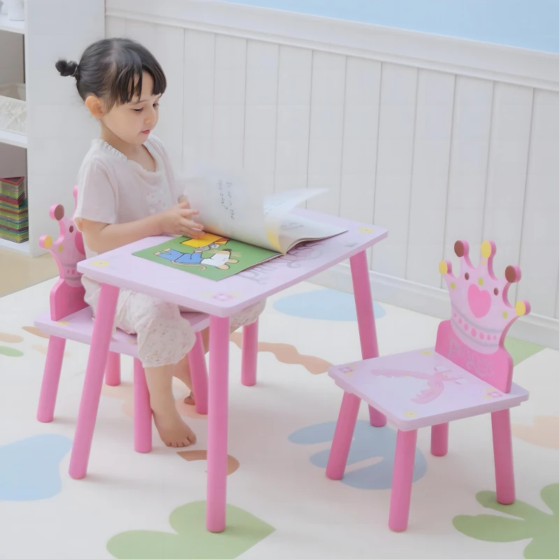 HOMCOM Set Tavolo e 2 Sedie a Tema Principesse per Cameretta Bambini in Legno Rosa con Schienale a Forma di Corona