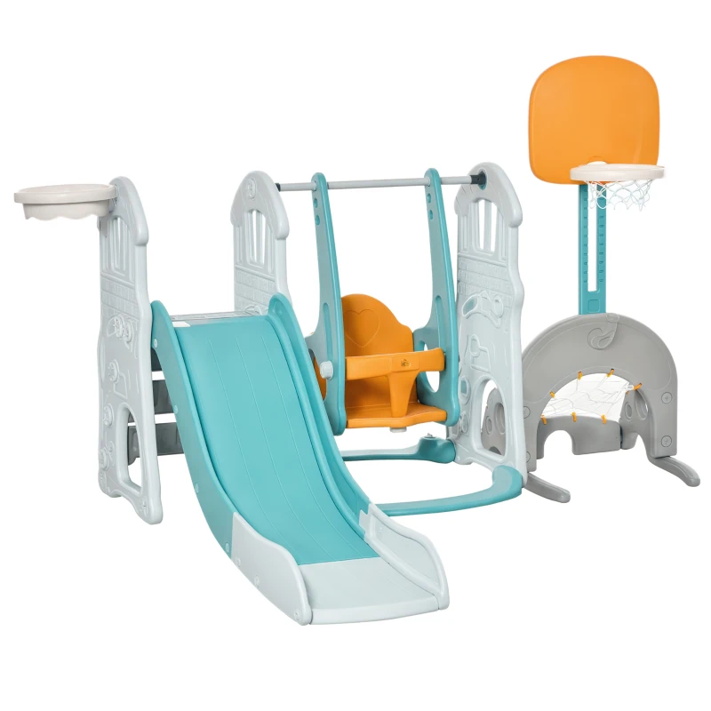 HOMCOM 5 en 1 Tobogán y Columpio para Niños +18 Meses con 2 Canastas de Baloncesto Portería Fútbol con Asiento Ajustable Parque Infantil Interior y Exterior 210x186x133 cm Multicolor