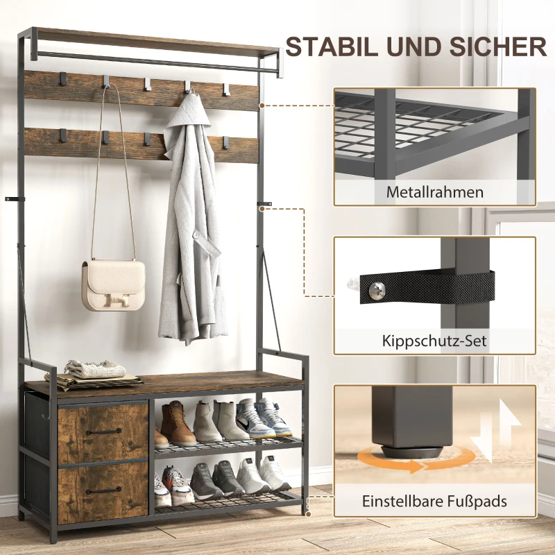 HOMCOM 6-in-1 Garderobenständer mit Schuhregal, Industrie-Stil, 10 Haken, 2 Stoffschubladen, Metall, Braun