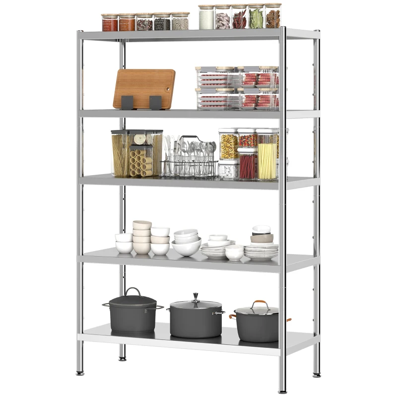 HOMCOM Scaffale da Cucina a 5 Livelli Regolabili su 13 Altezze Diverse, in Acciaio Inox, 91x40x139 cm, Argento