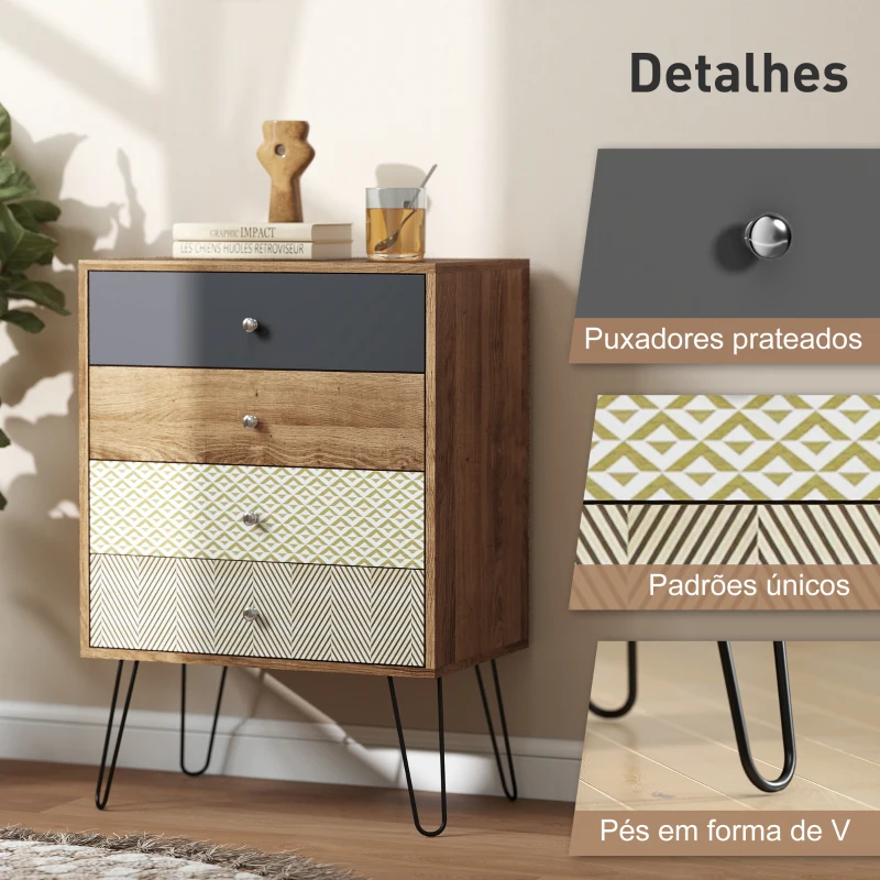 HOMCOM Cómoda 4 Gavetas Cómoda para Quarto com Pés em Forma de V de Aço Estilo Boémio 60x39x86 cm Multicor