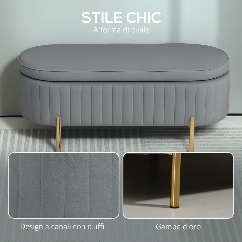 HOMCOM Panca Contenitore Ovale da 72L con Coperchio Sollevabile, in Tessuto Vellutato e Legno, 108x44x43.5 cm, Grigio