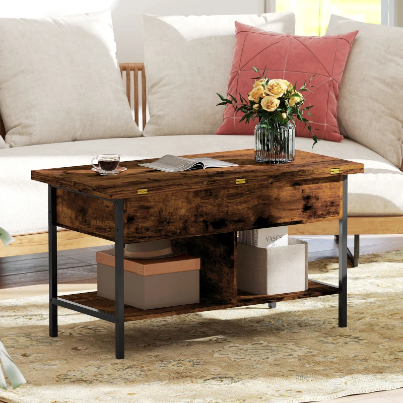 HOMCOM Table basse relevable et extensible, table de salon avec compartiment caché étagères ouvertes, 98x49x55cm, brun rustique