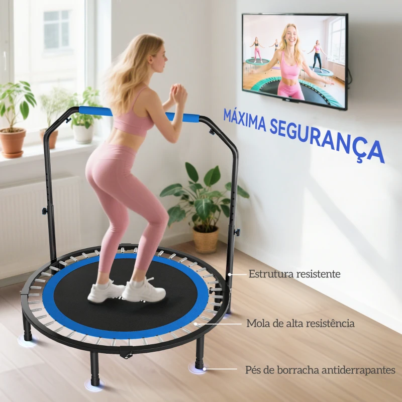 HOMCOM Trampolim Fitness Ø122 Trampolim Dobrável com Pega Ajustável em 4 Níveis Estrutura de Aço Azul