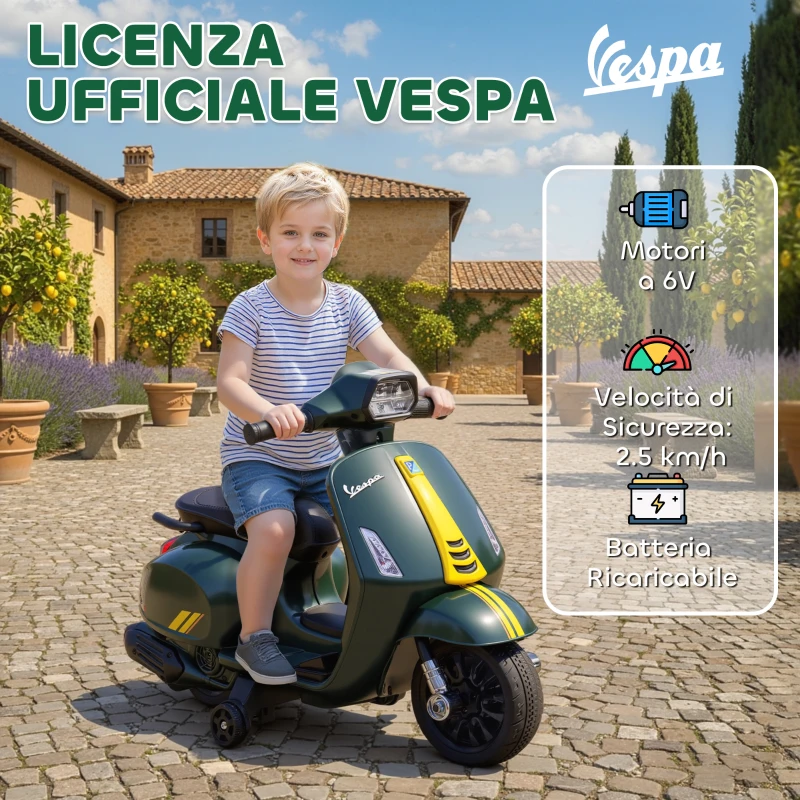AIYAPLAY Moto Elettrica per Bambini con Licenza Vespa, Batteria Ricaricabile 6V, Rotelle e Luci, Età 2-6 Anni, Verde Scuro