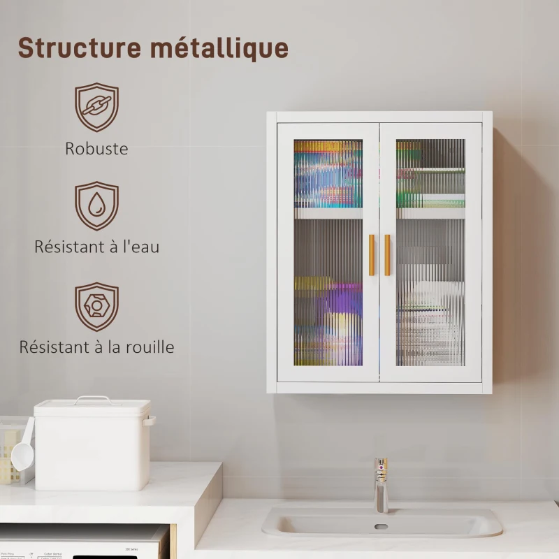 HOMCOM Armoire murale de salle de bain, meuble haut salle de bains avec 2 portes cannelées, étagère réglable, 40x14x50cm, blanc