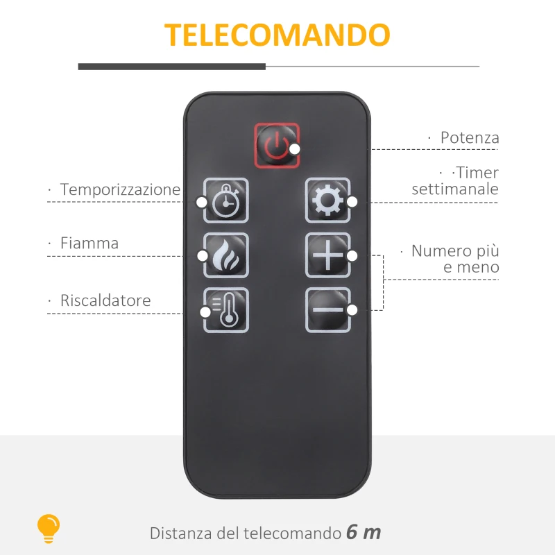 HOMCOM Camino Elettrico con Effetto Fiamma LED Regolabile 1800 W, Telecomando, Timer e Ripiano Integrato, Bianco