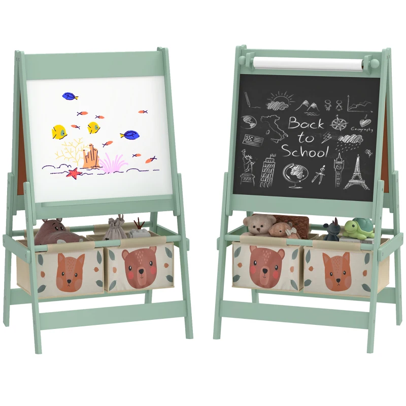AIYAPLAY 3-in-1 Kinder Staffelei mit Papierrolle, Kreidetafel, Whiteboard, Aufbewahrungskörbe, 54 x 46,5 x 93 cm, grün