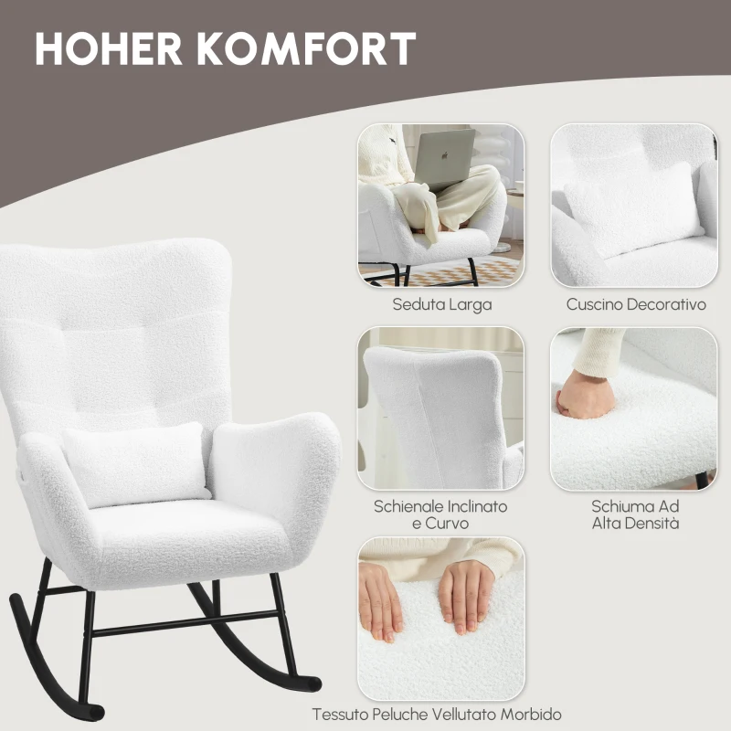 HOMCOM Sedia a Dondolo, Rivestimento in Peluche, Cuscino Lombare, Antiscivolo, fino a 120 kg, Bianco