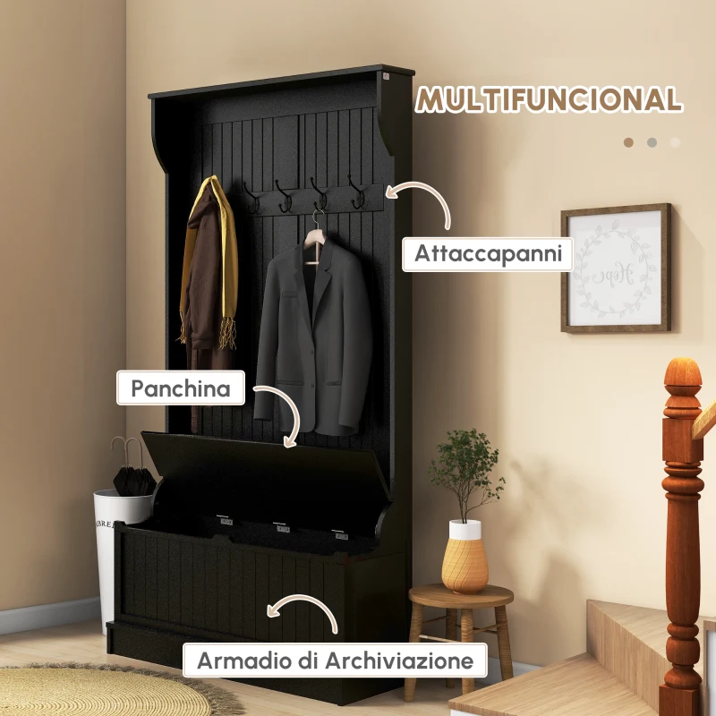 HOMCOM Attaccapanni con Panca di Archiviazione e 5 Ganci Stile Moderno 96x34x179,7 cm Nero