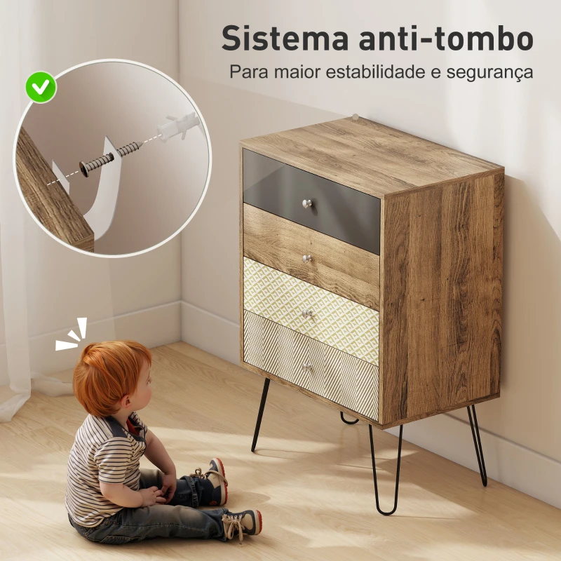 HOMCOM Cómoda 4 Gavetas Cómoda para Quarto com Pés em Forma de V de Aço Estilo Boémio 60x39x86 cm Multicor
