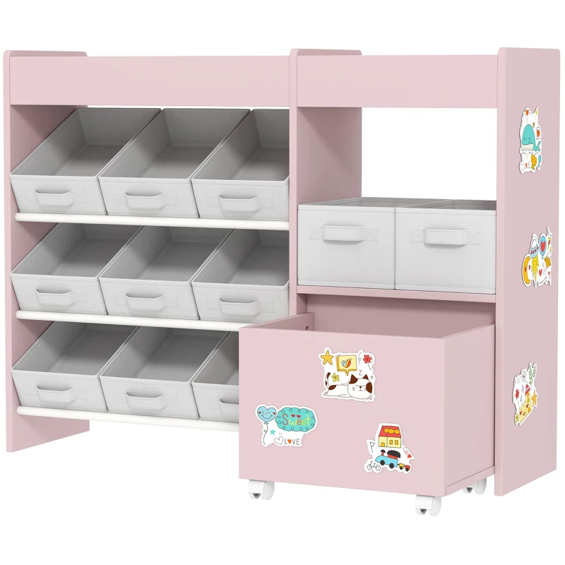 AIYAPLAY Kids Toy Storage Unit with 11 Bins, Cabinet, Top Shelves, 3 Stickers, for Nursery, Playroom, Pink