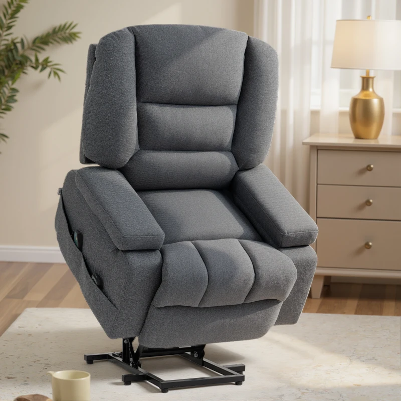 HOMCOM Poltrona Alzapersona Reclinabile con 8 Punti Massaggianti, in Tessuto Effetto Lino, 97x90x102 cm, Grigio