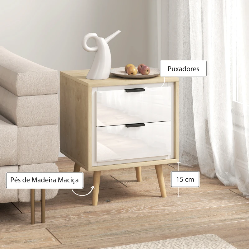 HOMCOM Conjunto de 2 Mesas de Cabeceira Modernas com 2 Gavetas de Deslizamento Silencioso Pés de Madeira 40x35x50 cm Branco Brilhante e Carvalho