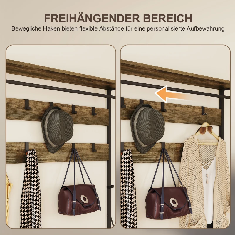 HOMCOM 6-in-1 Garderobenständer mit Schuhregal, Industrie-Stil, 10 Haken, 2 Stoffschubladen, Metall, Braun
