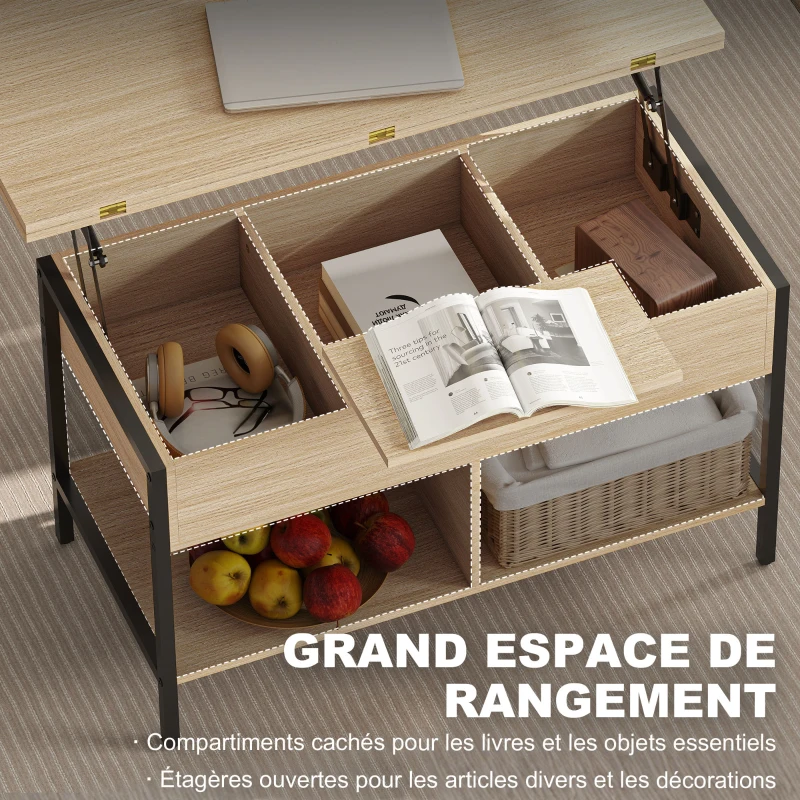 HOMCOM Table basse relevable et extensible, table de salon avec compartiment caché étagères ouvertes, 98x49x55cm, bois naturel