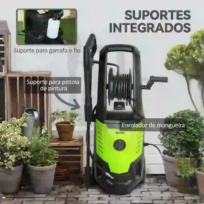 Outsunny Lavadora de Alta Pressão 2200W 170 Bar Fluxo 420 L/h com Paragem Automática Mangueira de 6 m 32x32x80 cm Verde e Preto