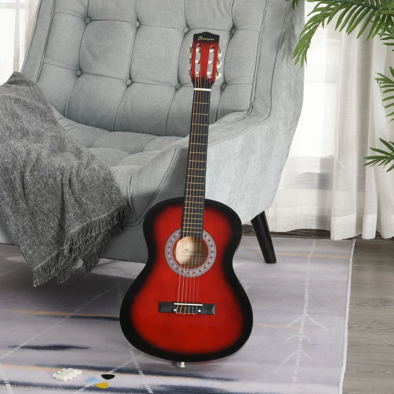 HOMCOM 36" 3/4 Beginner Acoustic Guitar Set, with Protective Case, Red