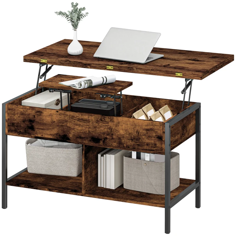 HOMCOM Table basse relevable et extensible, table de salon avec compartiment caché étagères ouvertes, 98x49x55cm, brun rustique