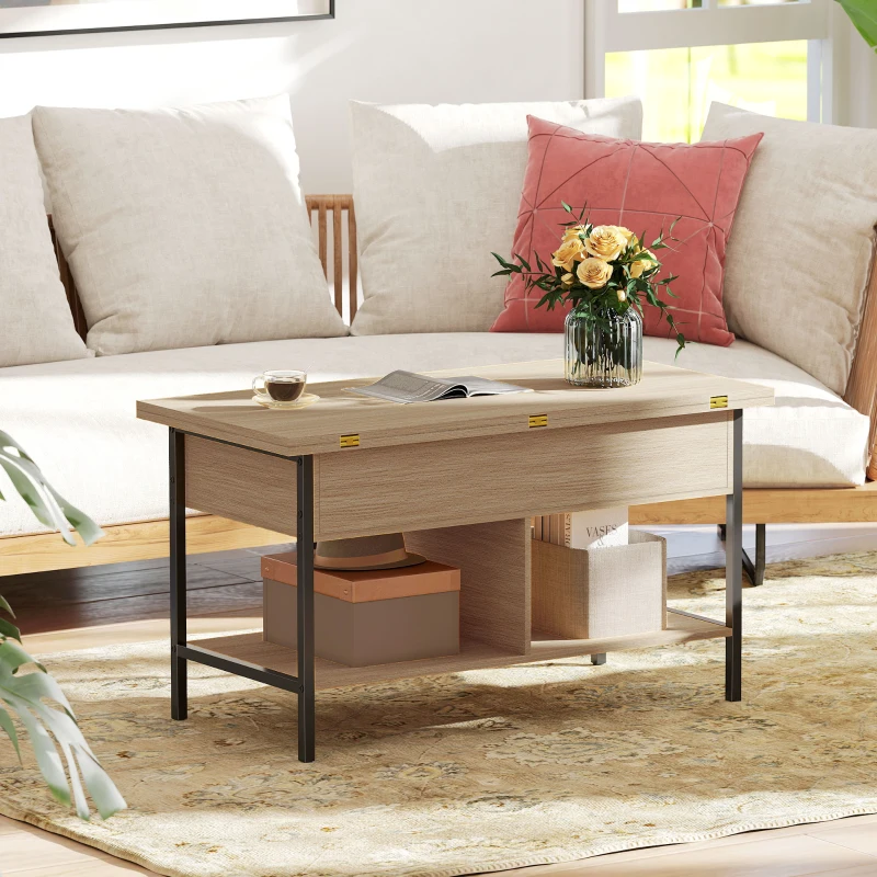 HOMCOM Table basse relevable et extensible, table de salon avec compartiment caché étagères ouvertes, 98x49x55cm, bois naturel