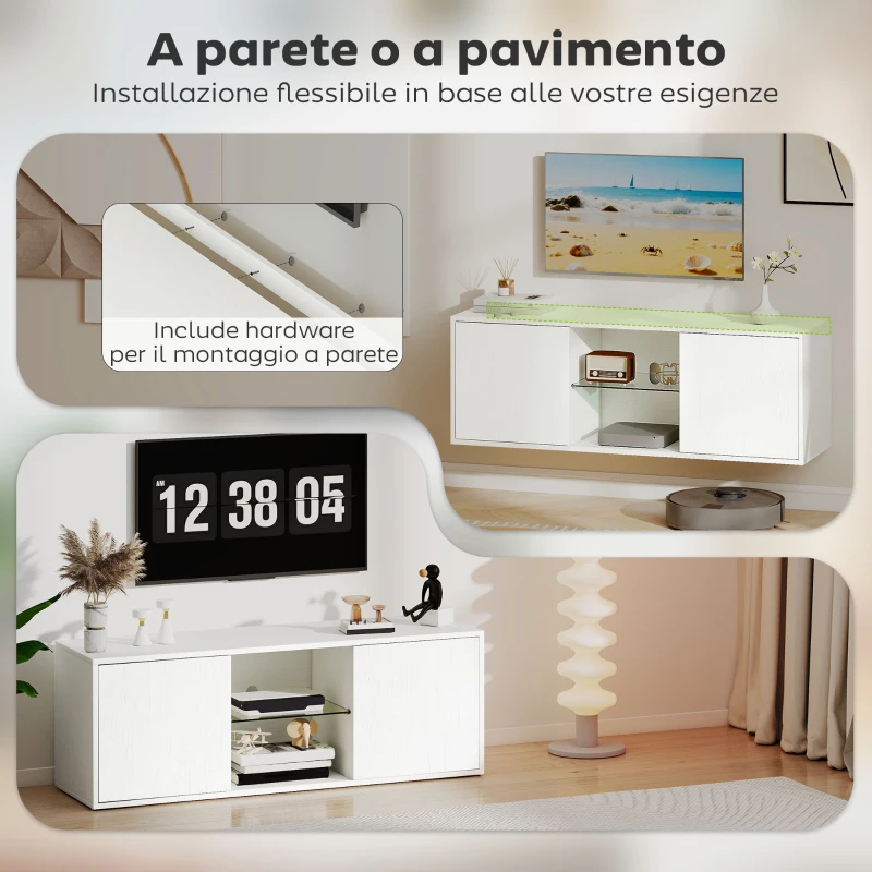 HOMCOM Mobile Porta TV fino a 55&quot; Sospeso o a Terra, Ante Soft Close, Foro Passacavi e Ripiano in Vetro, Bianco